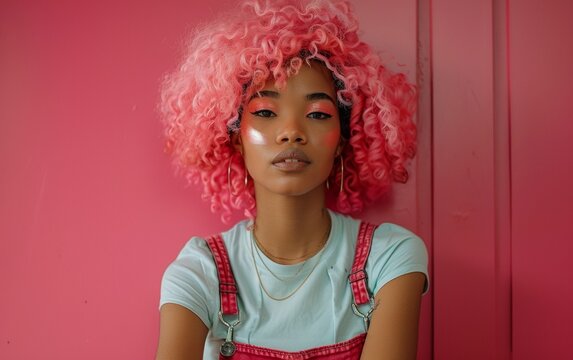 fashion portrait of beautiful mixed asian woman with pink hair on pink background. Afro-Asian beautiful girl. Portrait of a young asian girl with pink hair