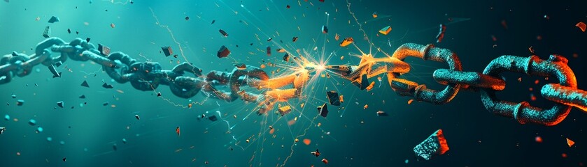 An explosive moment captured as a chain link is dramatically breaking, symbolizing release, freedom, or breakthrough.