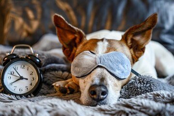 Pet sleeping with clock and mask