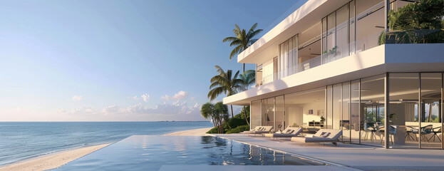 An architectural rendering of the exterior view across an infinity pool of a modernist mansion on beachfront in Miami Beach with white walls and large glass windows overlooking the coastal ocean - obrazy, fototapety, plakaty