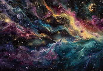 Ethereal depictions of the cosmos, including galaxies, stars, planets, and nebulae, in mesmerizing colors and abstract forms that evoke a sense of wonder and awe - obrazy, fototapety, plakaty