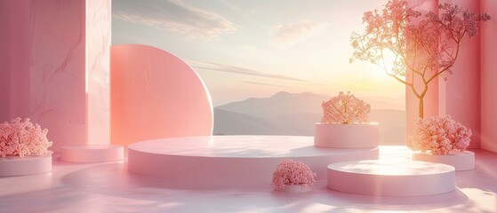 3D podium for a pastel product reveal, where dawn's light caresses geometric forms - obrazy, fototapety, plakaty