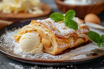 Photo of apple strudel with ice cream powdered sugar and mint