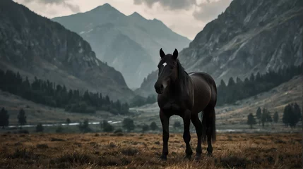 Rucksack a black horse in beautiful dramatic mountain landscape background from Generative AI © SevenThreeSky