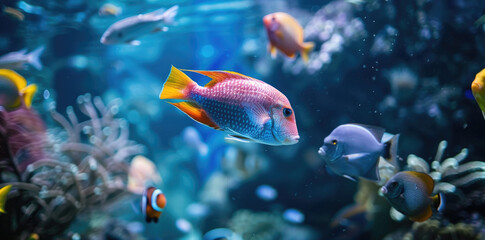 Fototapeta na wymiar A group of beautiful fish swimming in the blue sea