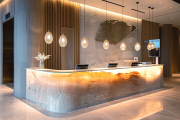 Modern hotel lobby with backlit onyx reception desk and artistic wall.