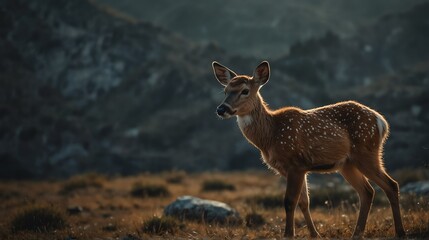Naklejka na ściany i meble a deer fawn in beautiful dramatic mountain landscape background from Generative AI