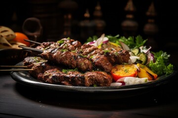 Exquisite kebab on a rustic plate against a dark background