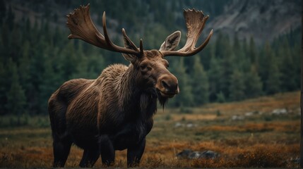 a moose in beautiful dramatic mountain landscape background from Generative AI