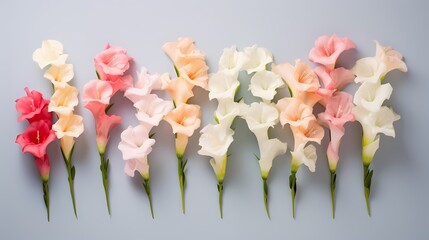 Minimalist composition of assorted gladiolus flowers in full bloom from a top-down perspective, leaving room for your message. - obrazy, fototapety, plakaty