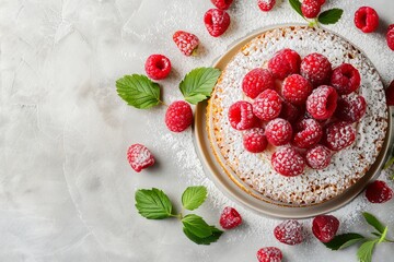 Plain cake with powdered sugar and raspberries on a bright background Summer berry treat Top down...