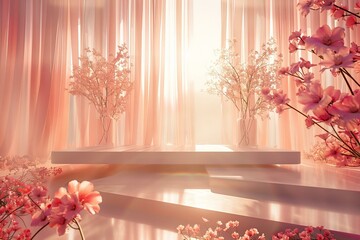 3D display dais, with gentle morning hues for a serene showcase experience