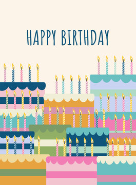 Birthday poster in flat vector style. Inscription. Happy Birthday. Colorful cakes with cream and burning candles. For packaging, clothing, postcards.