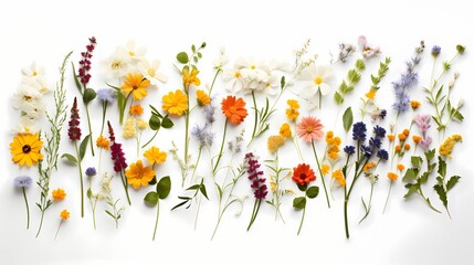 Minimalist composition of assorted wildflowers in full bloom from a top-down perspective, leaving room for your message. - obrazy, fototapety, plakaty