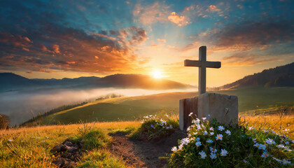 Cross on the hillside in the meadow with orange sunrise sky