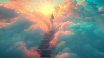 woman going to heaven on heaven stairs with clouds and sunlight
