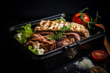 Tempting doner kebab in a bento box against a dark background