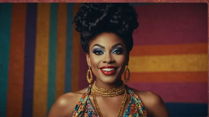 Fotobehang black african drag queen smiling in retro vintage pop style concept colorful background from Generative AI © SevenThreeSky