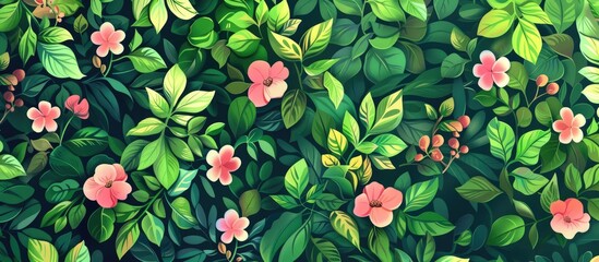 An art piece depicting pink flowers and green leaves set against a dark background, showcasing the beauty of terrestrial plants from the rose family