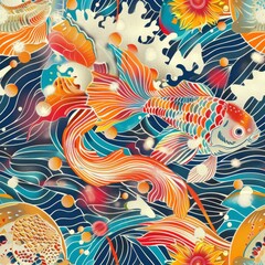 Seamless modern pattern of illustration of a fish swimming among vibrant vintage background. 