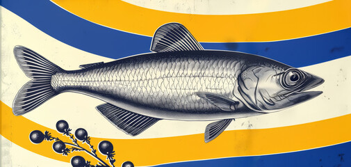  modern pattern of illustration of a fish swimming among vibrant vintage background.	
