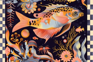 Seamless modern pattern of illustration of a fish swimming among vibrant vintage background.	
