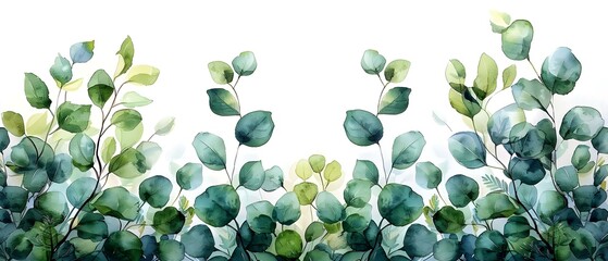 Elegant Watercolor Green Floral Card Featuring Eucalyptus Leaves on a White Background. Concept Watercolor Paintings, Greenery, Floral Designs, Eucalyptus Leaves
