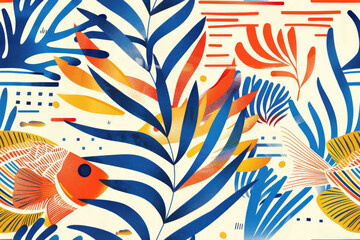 Fototapeta na wymiar Seamless modern pattern of illustration of a fish swimming among vibrant vintage background. 