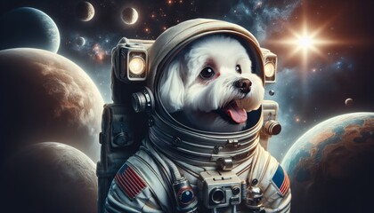 Portrait of a funny dog in an astronaut's spacesuit. Animal in space. Cosmonautics Day. Advances in space science - obrazy, fototapety, plakaty