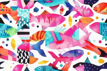 Naklejka premium Seamless modern pattern of illustration of a fish swimming among vibrant vintage background. 