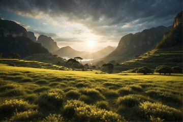 beautiful meadow with cloudy sunrise and mountain landscape view
