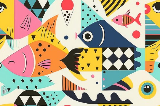 Seamless modern pattern of illustration of a fish swimming among vibrant vintage background.	
