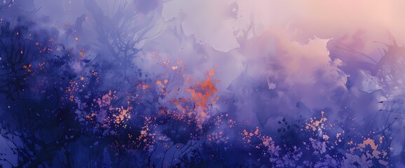 Midnight violet mist forming enchanting shapes against a canvas adorned with apricot and steel blue.
