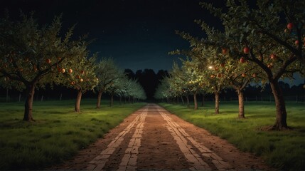 apple farm night landscape with walkway path beautiful panoramic nature background from Generative AI