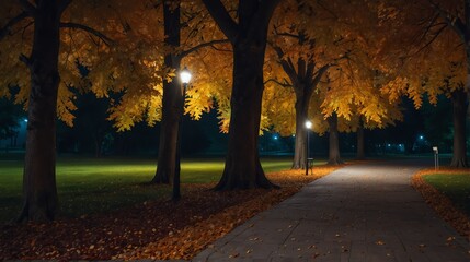 autumn in park night landscape with walkway path beautiful panoramic nature background from Generative AI