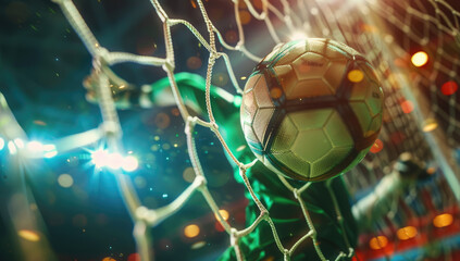 Closeup of a soccer ball in a goal, with a football player in the background celebrating a goal in...