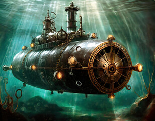 Dreamlike view of a steampunk submarine in the ocean