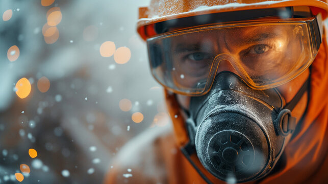 Professional construction worker wearing a high-grade dust mask, surrounded by lot of floating particles of glass wool dust in a construction site
