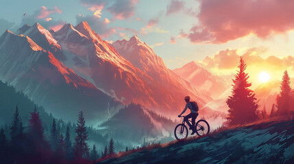 sporty man on top of mountain with bicycle and enjoying view of stunning valley landscape.