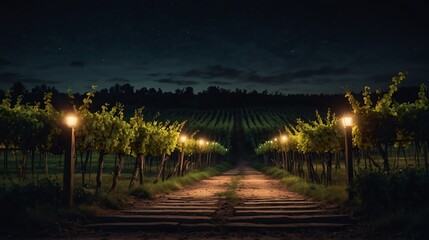 vineyard night landscape with walkway path beautiful panoramic nature background from Generative AI