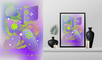 Vector gradient minimalistic rave Poster with strange wireframes graphic of geometrical shapes Y2K design inspired by brutalism and mockup in the interior, 3D forms with tropic leaves in acid colors