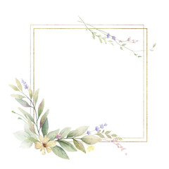 Watercolor vector delicate floral frame with golden geometric shape. Meadow flowers border. Design for wedding invitation, card, save the date, fashion. Holiday decor. Hand drawn illustration. - 779635070