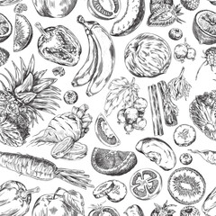 Seamless wood pattern with hand-drawn fruits and vegetables on a white background