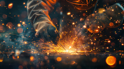 A man is welding with sparks flying around him - obrazy, fototapety, plakaty