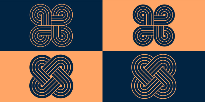 Abstract black arches and shapes intersecting geometric lines. Designs balancing figures with linear outline strokes.