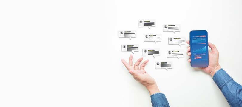 Consumer reviews concepts with bubble people review comments and smartphone.rating or feedback for evaluate