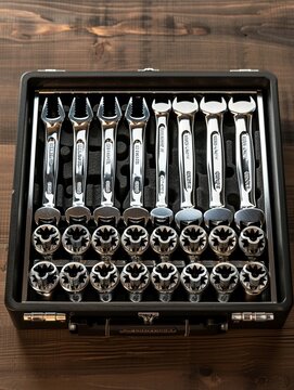 Socket set displayed in open toolbox, chrome finish gleaming, workshop setting, no people, top view , low texture