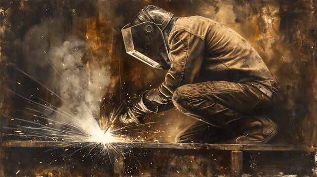 A man in a protective suit is welding