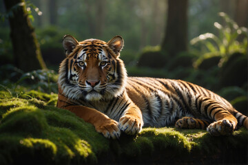 Fototapeta na wymiar tiger lying on grass in the jungle