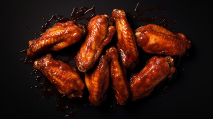Grilled sticky chicken wings on dark background. Buffalo chicken wings with sauce. Top view